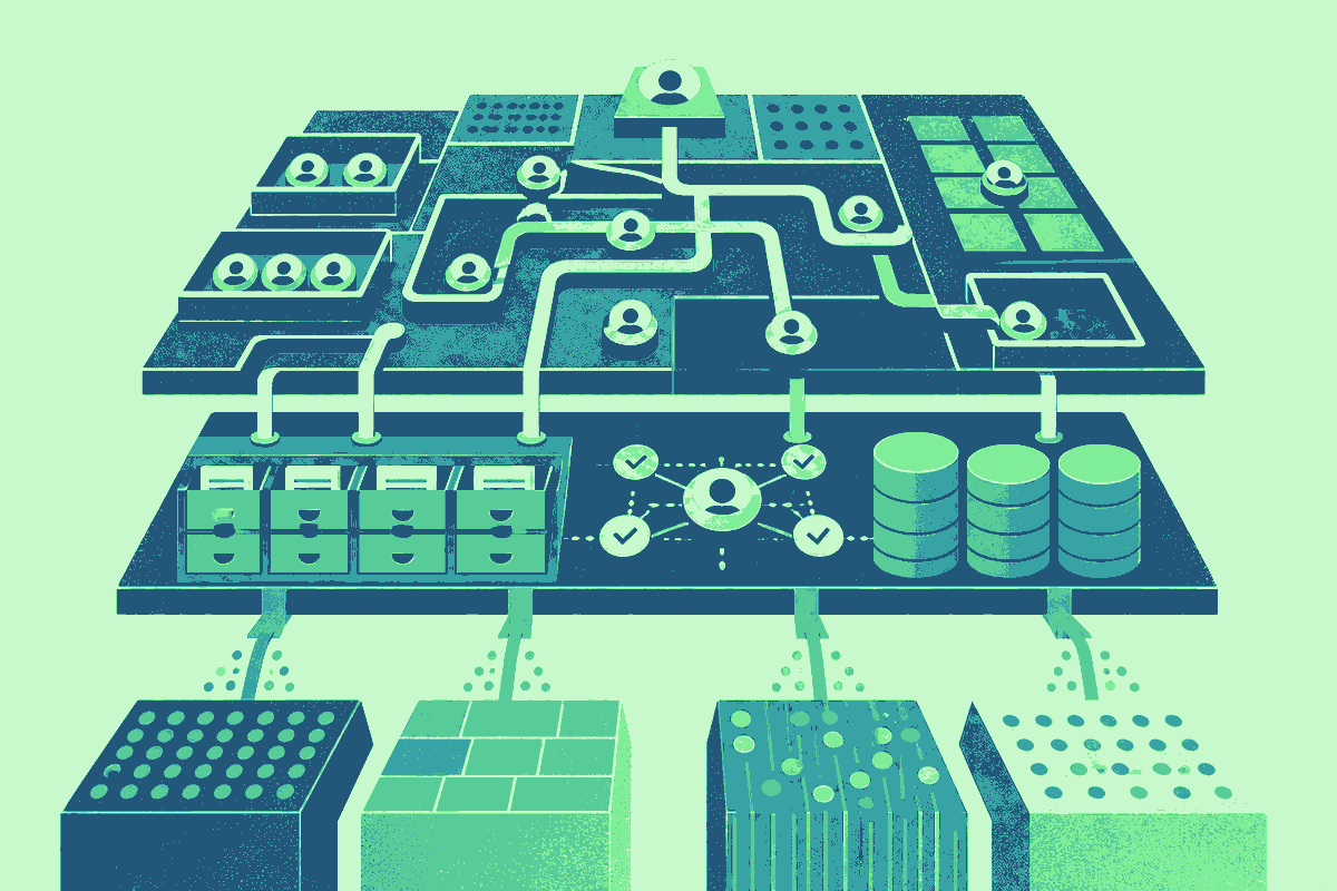 Abstract editorial illustration of an orchestration board routing contact records through stacked data layers