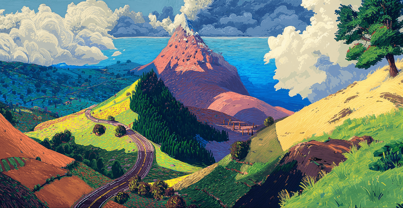 CloudX brand artwork - a painted mountain valley threaded with winding roads