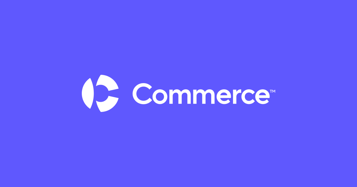 Commerce logo - white wordmark and circular icon on a purple background