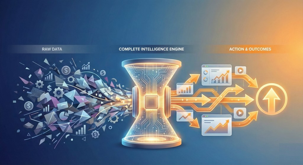 Diagram showing raw market data flowing through the Complete Intelligence engine into actions and outcomes