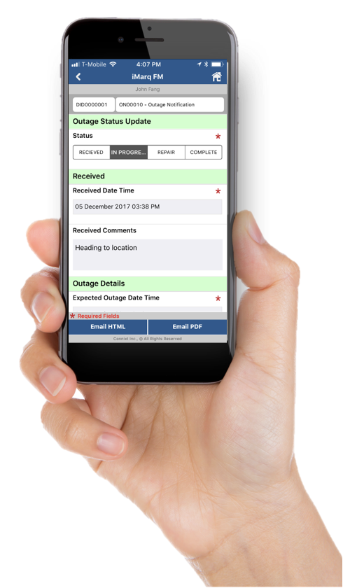iMarq outage status update form on a phone held in a hand