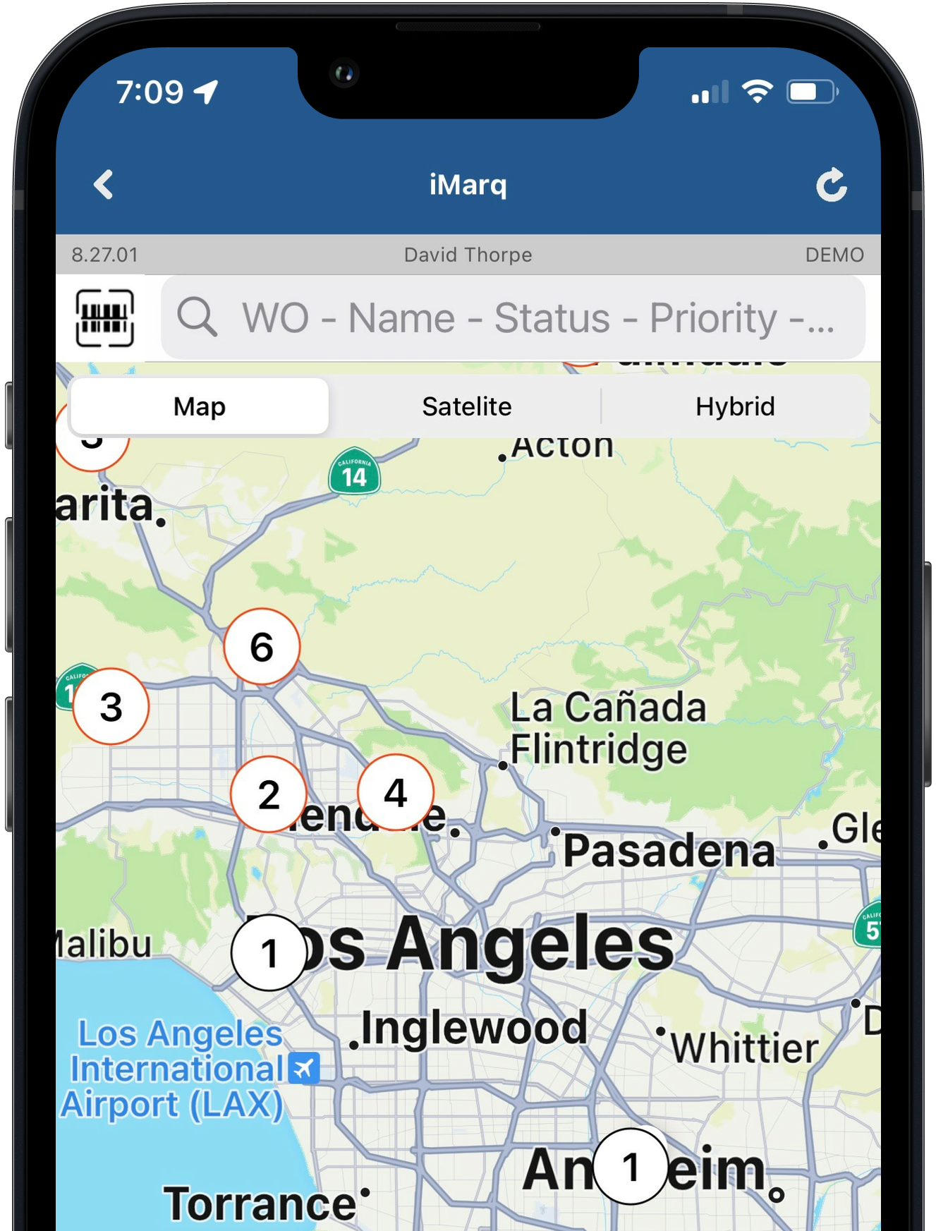 iMarq map view on a phone showing field assets and crew locations