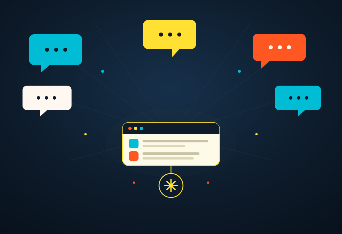 Eight conversational AI chat bubbles converging into a single customer-service inbox powered by an AI spark node.