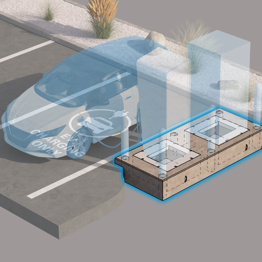Illustration of CoreCast modular concrete foundation beneath EV charging equipment