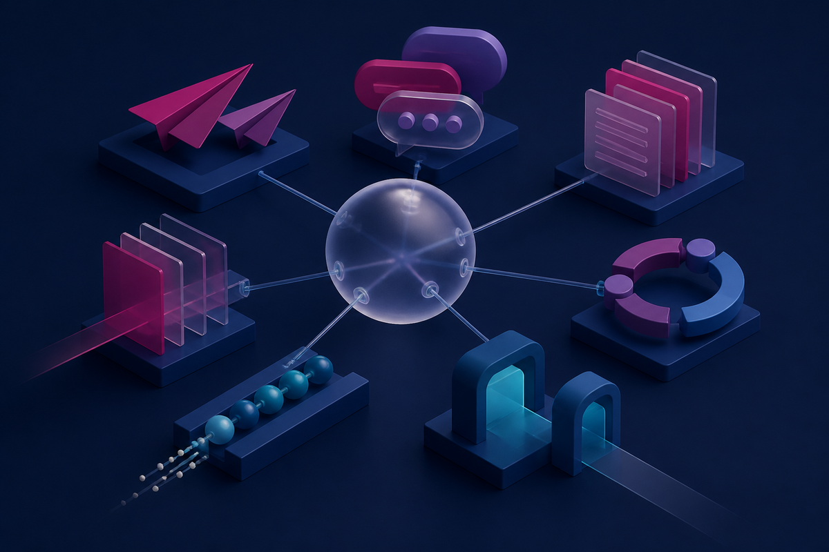 Abstract 3D modules for messaging, documents, workflow and delivery connected through a glass communication hub