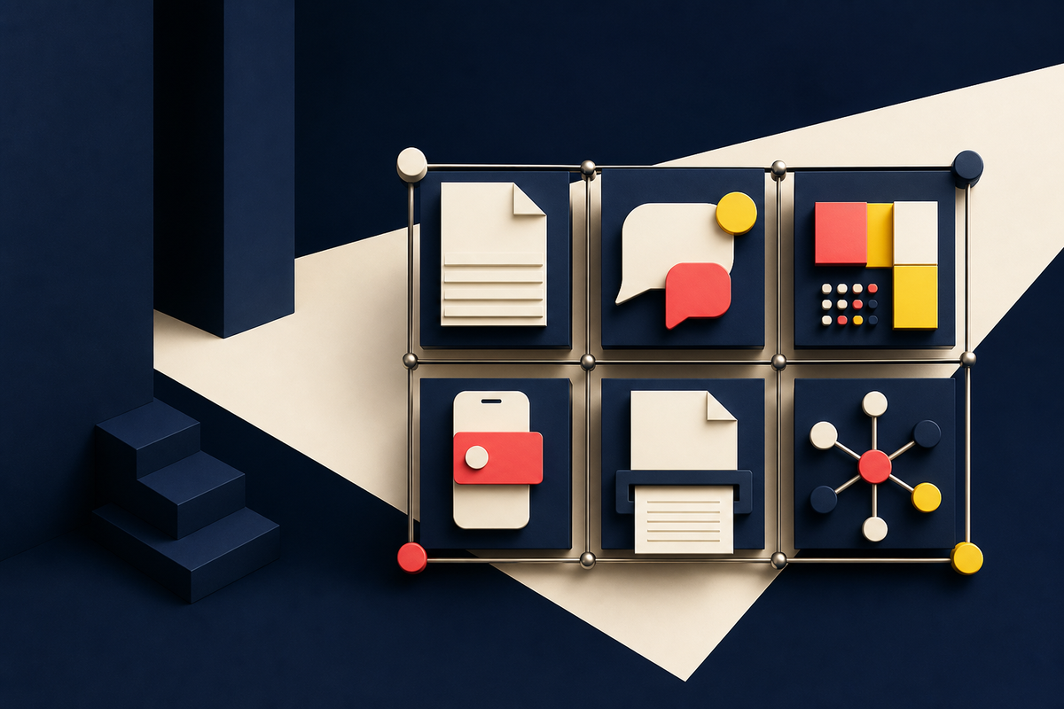 Abstract three-dimensional grid of documents, messages, mobile notifications, print and connected channels