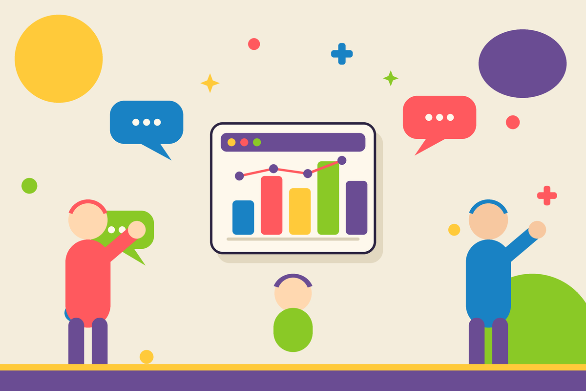 Flat illustration of people sharing feedback around a dashboard turning comments into a chart