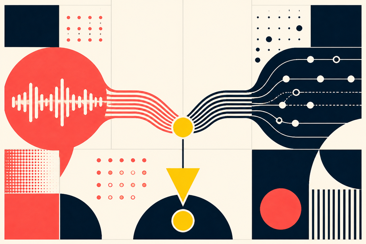Abstract coral waveform and navy behavioral paths converging at a yellow decision point