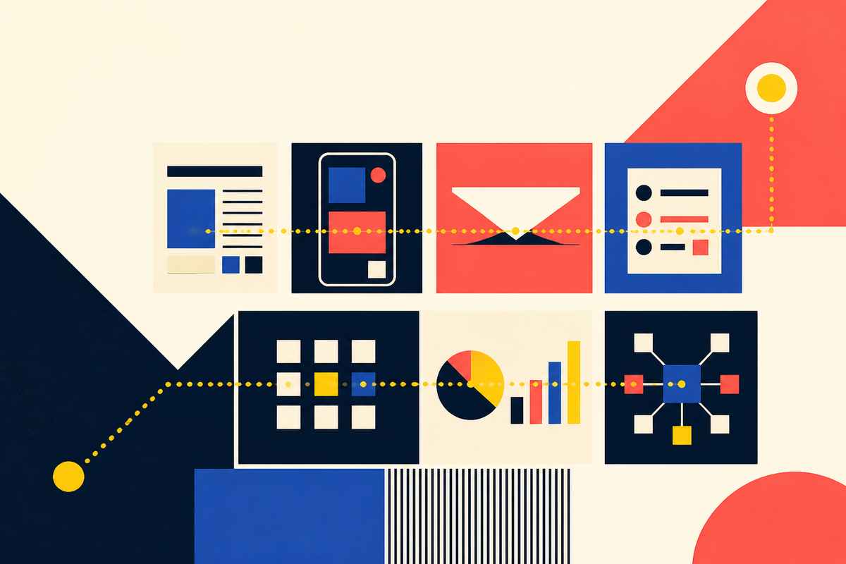 Abstract Swiss-style composition showing a signal moving through digital feedback channels
