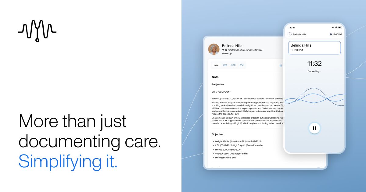 DeepScribe product interface showing an ambient AI generating a clinical note from a recorded patient visit, beside the tagline 'More than just documenting care. Simplifying it.'