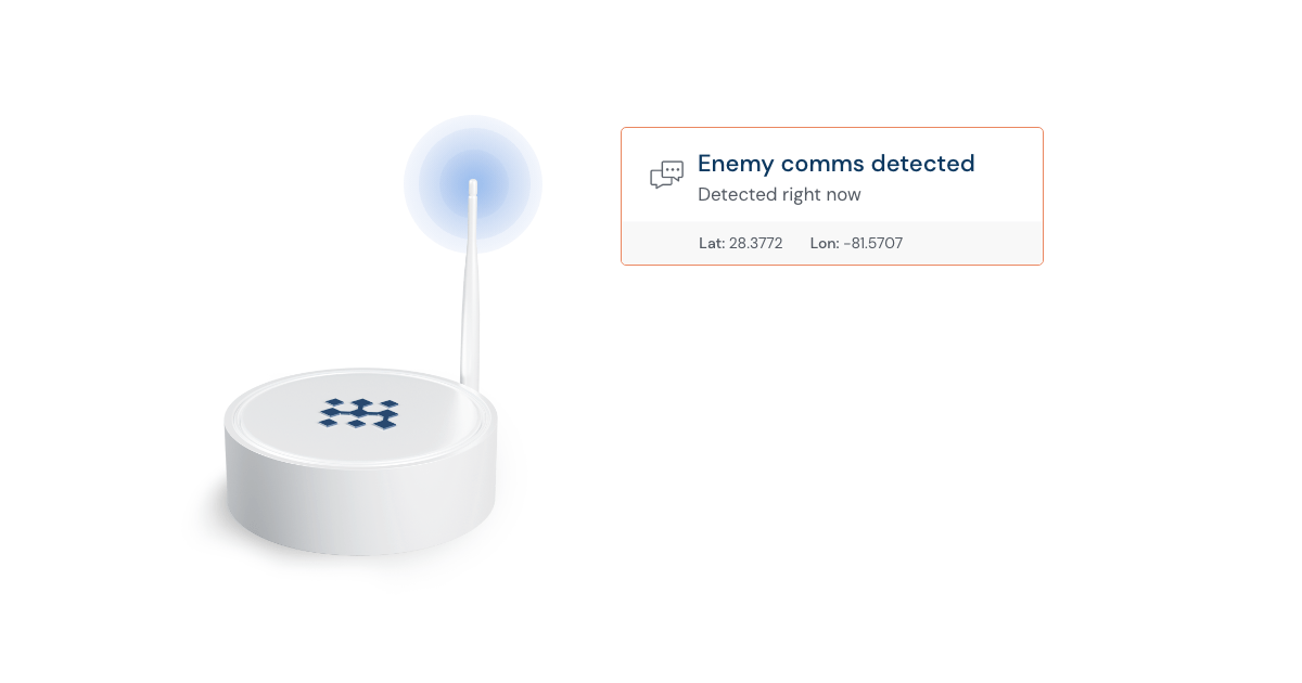 A Distributed Spectrum RF sensor detecting enemy communications, with a real-time alert reading 'Enemy comms detected' and a location fix.