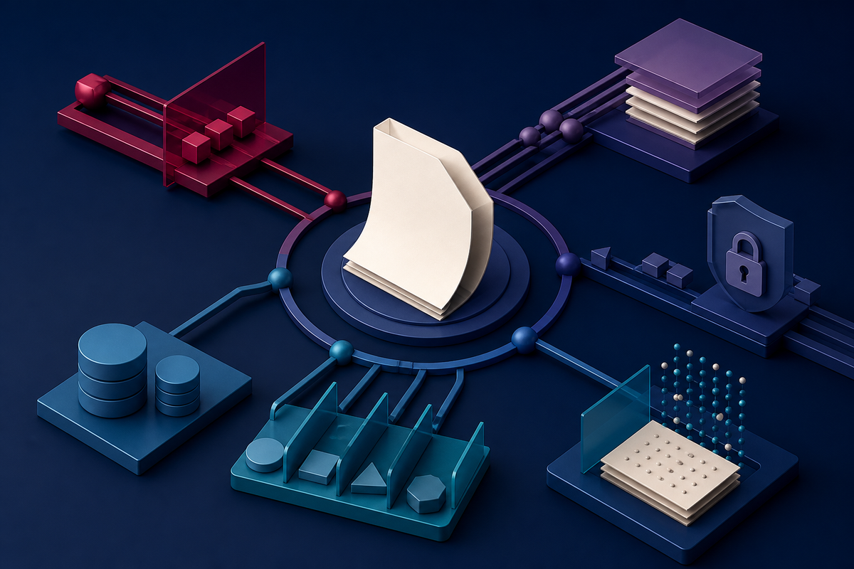 Abstract 3D document connected to six colorful enterprise systems