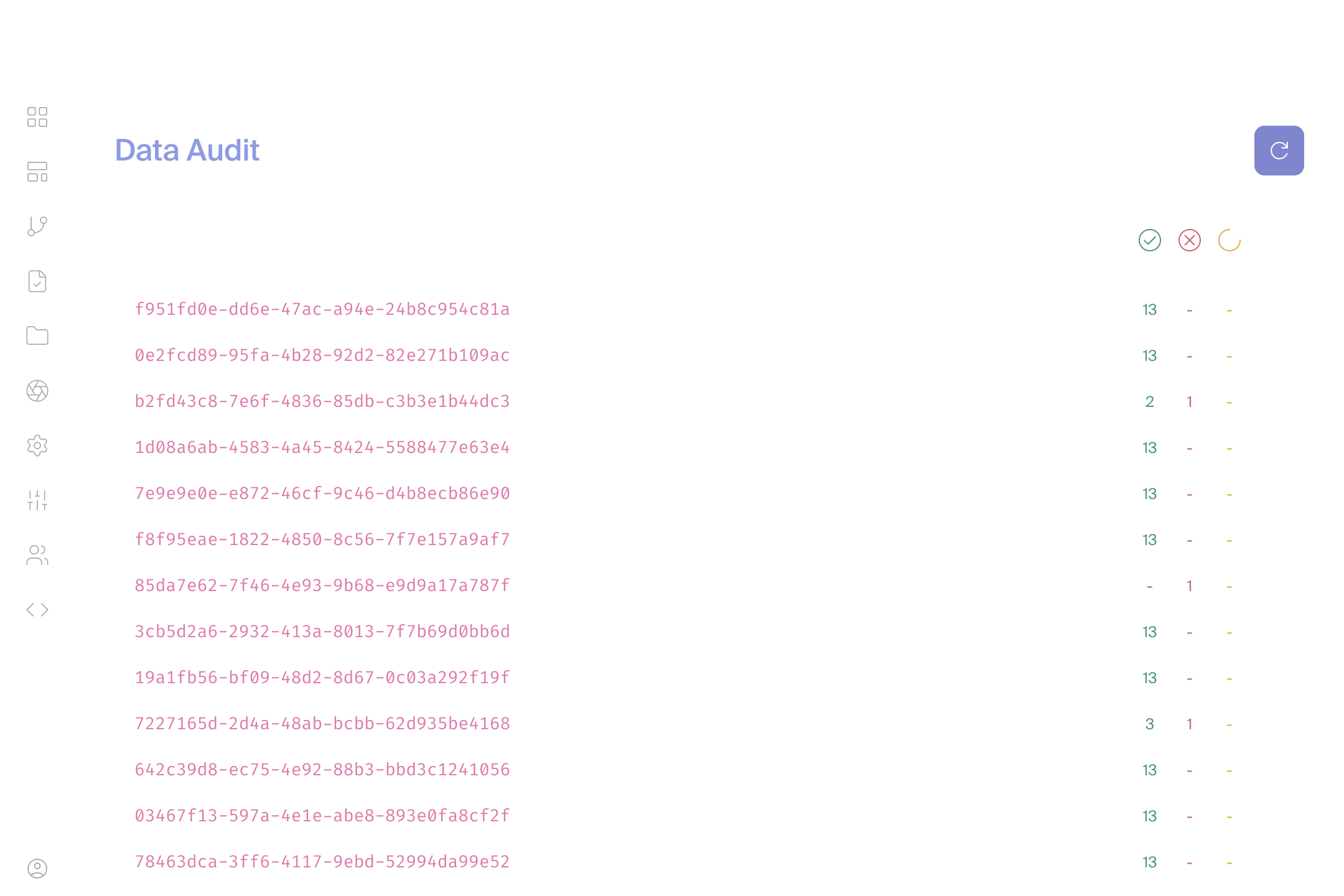EASL Tech Data Audit screen listing jobs by trace ID with start times, elapsed times and success and failure counts