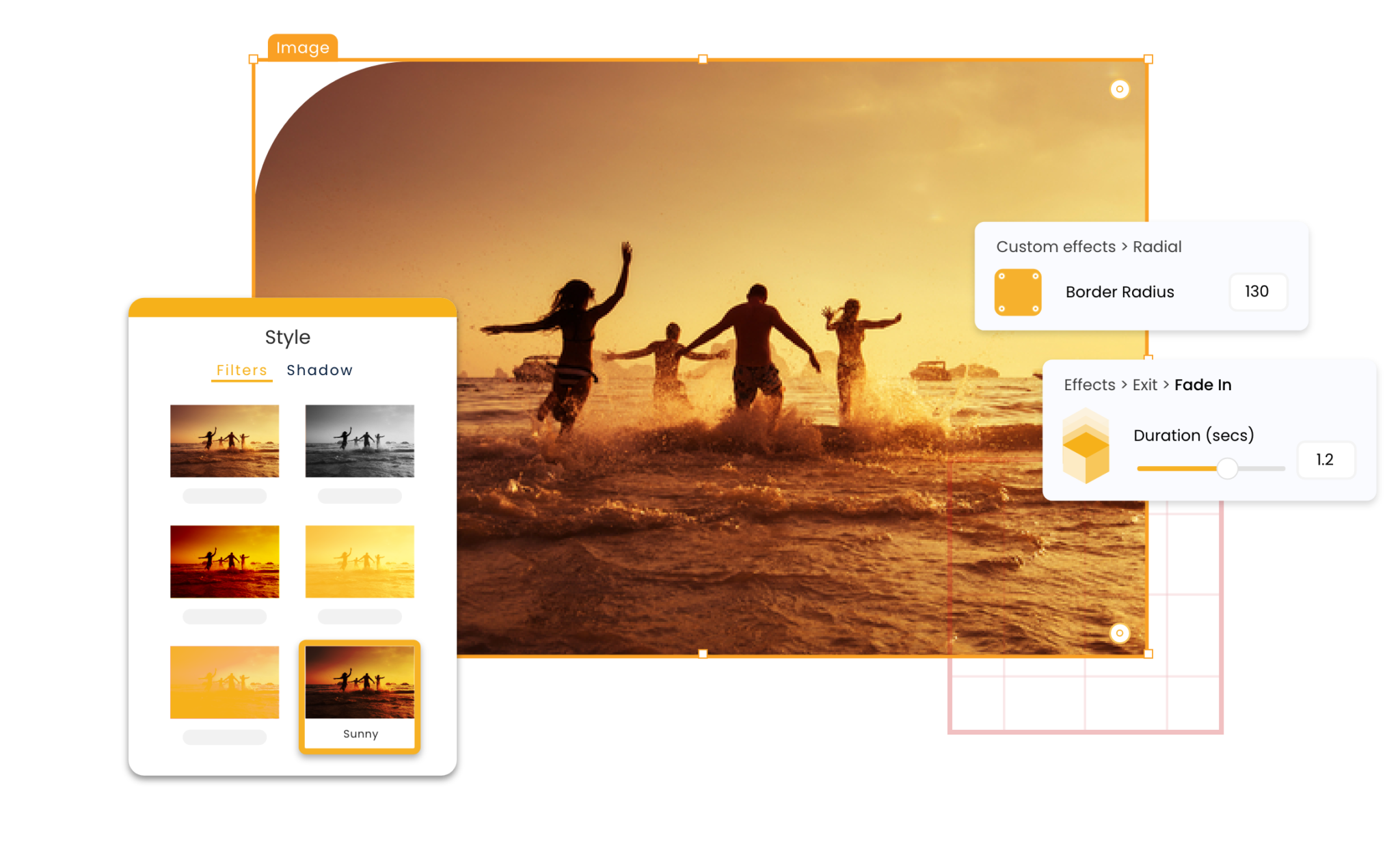 Emaze editor interface showing photo filters, rounded corners and animation settings