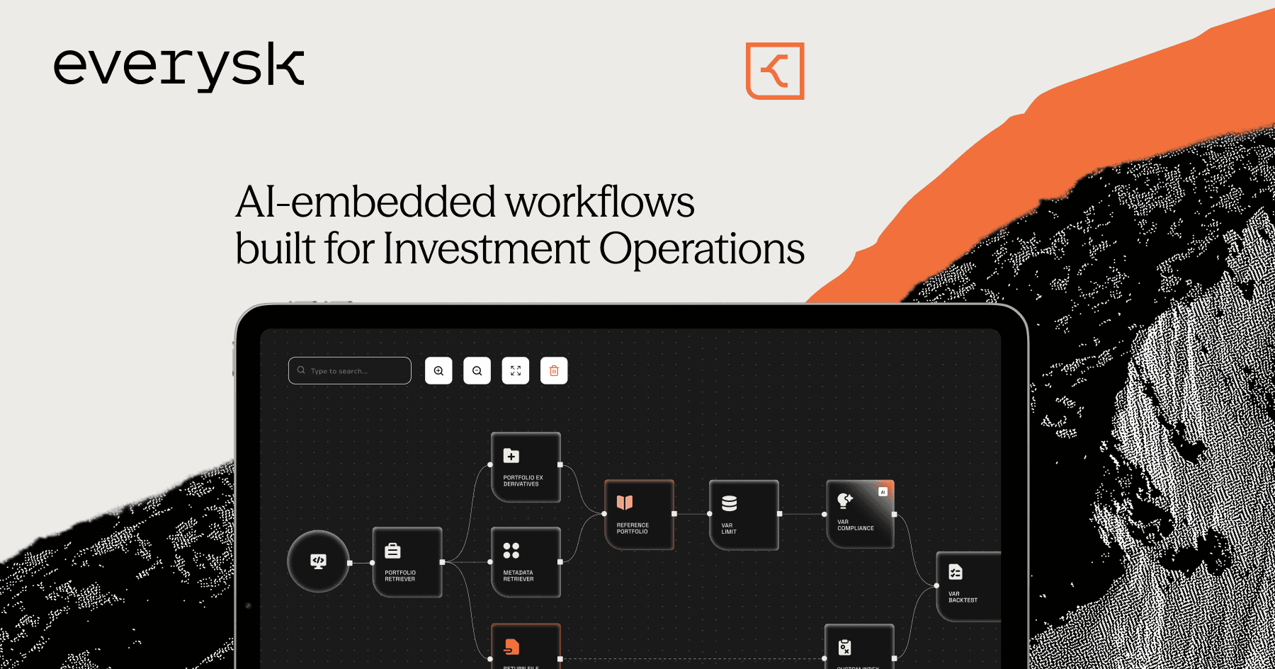 Everysk brand image showing the everysk wordmark, orange logo mark and a no-code workflow canvas of connected digital robots