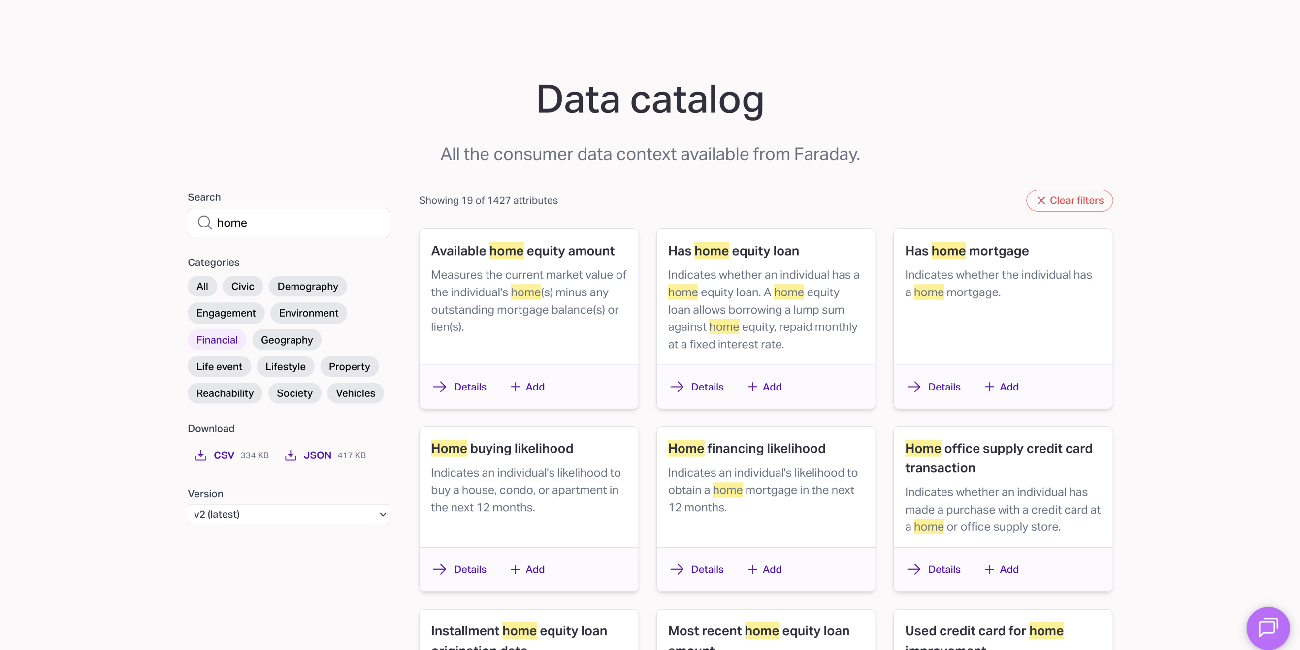 Faraday data catalog interface with searchable consumer attributes and category filters