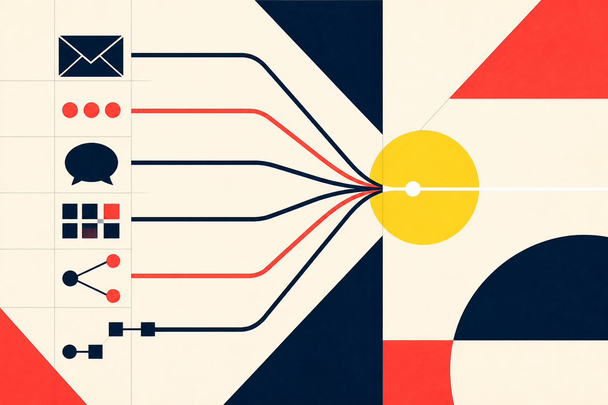 Six abstract feedback channels converging on a yellow decision point