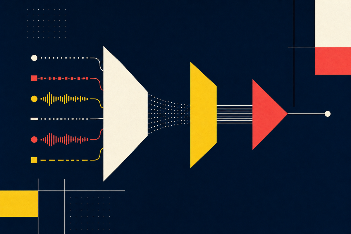 Abstract Swiss-style diagram of six customer signals passing through three processing stages