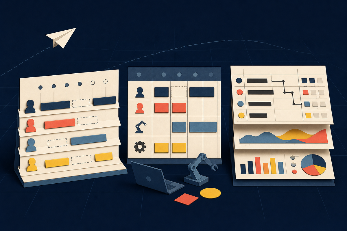 Editorial illustration of three distinct resource planning systems