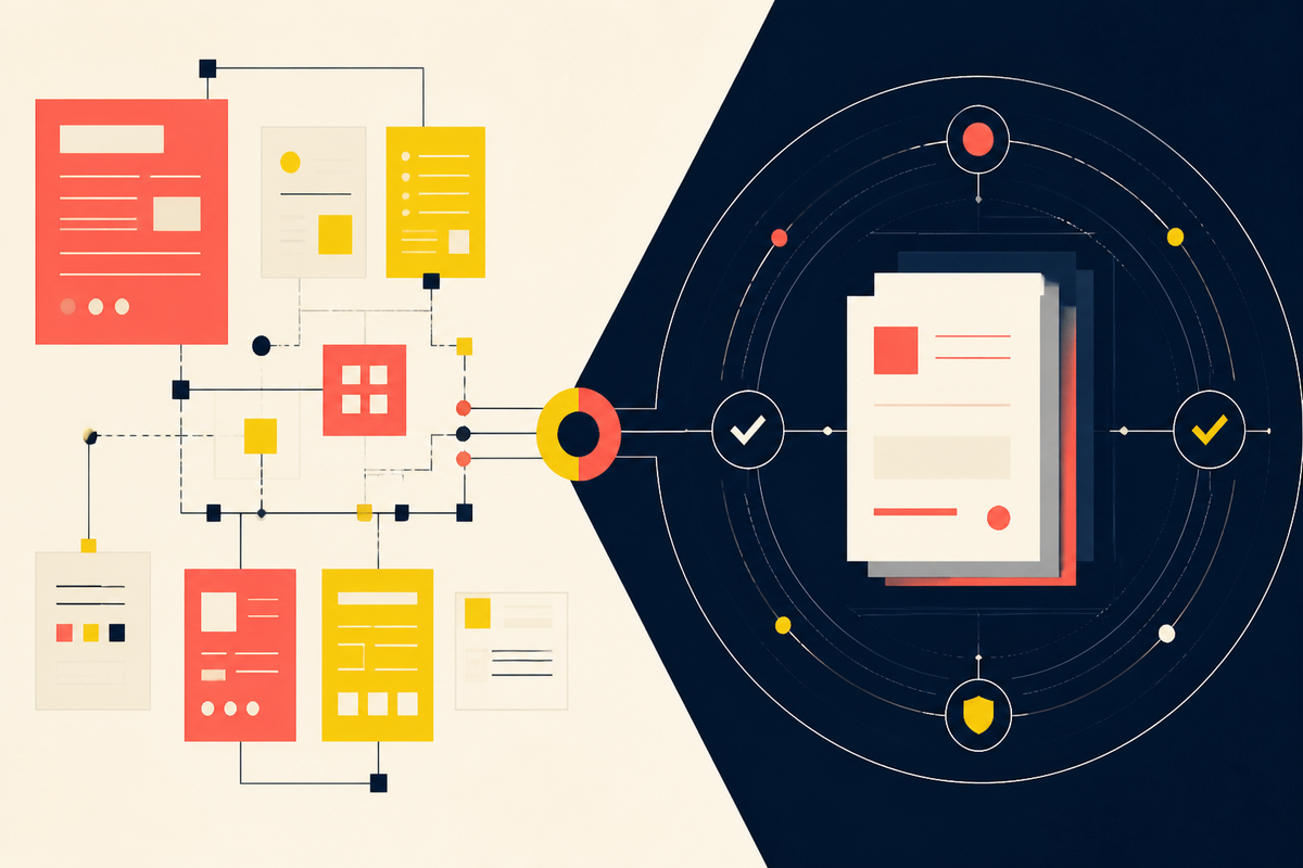 Abstract Swiss-style illustration contrasting a modular workflow with a controlled document system