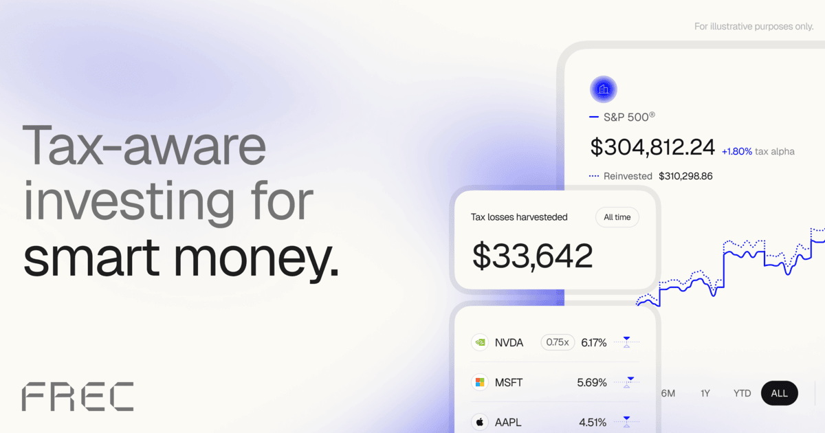 Frec brand image - Tax-aware investing for smart money, showing the FREC logo and direct indexing product interface