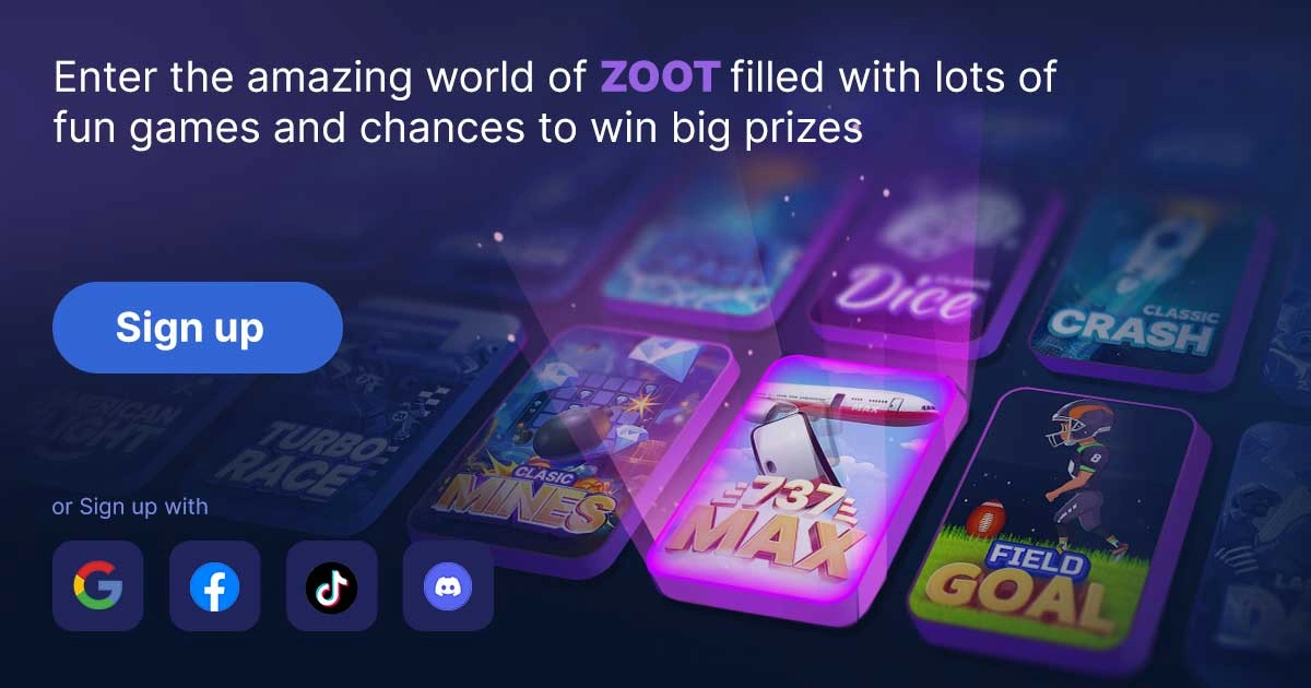 ZOOT gaming platform - arcade games including Mines, 737 MAX, Dice, Crash and Field Goal