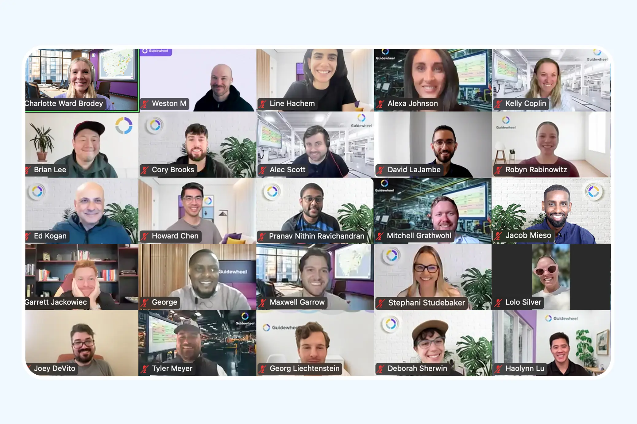 Guidewheel team gathered in a large video call mosaic