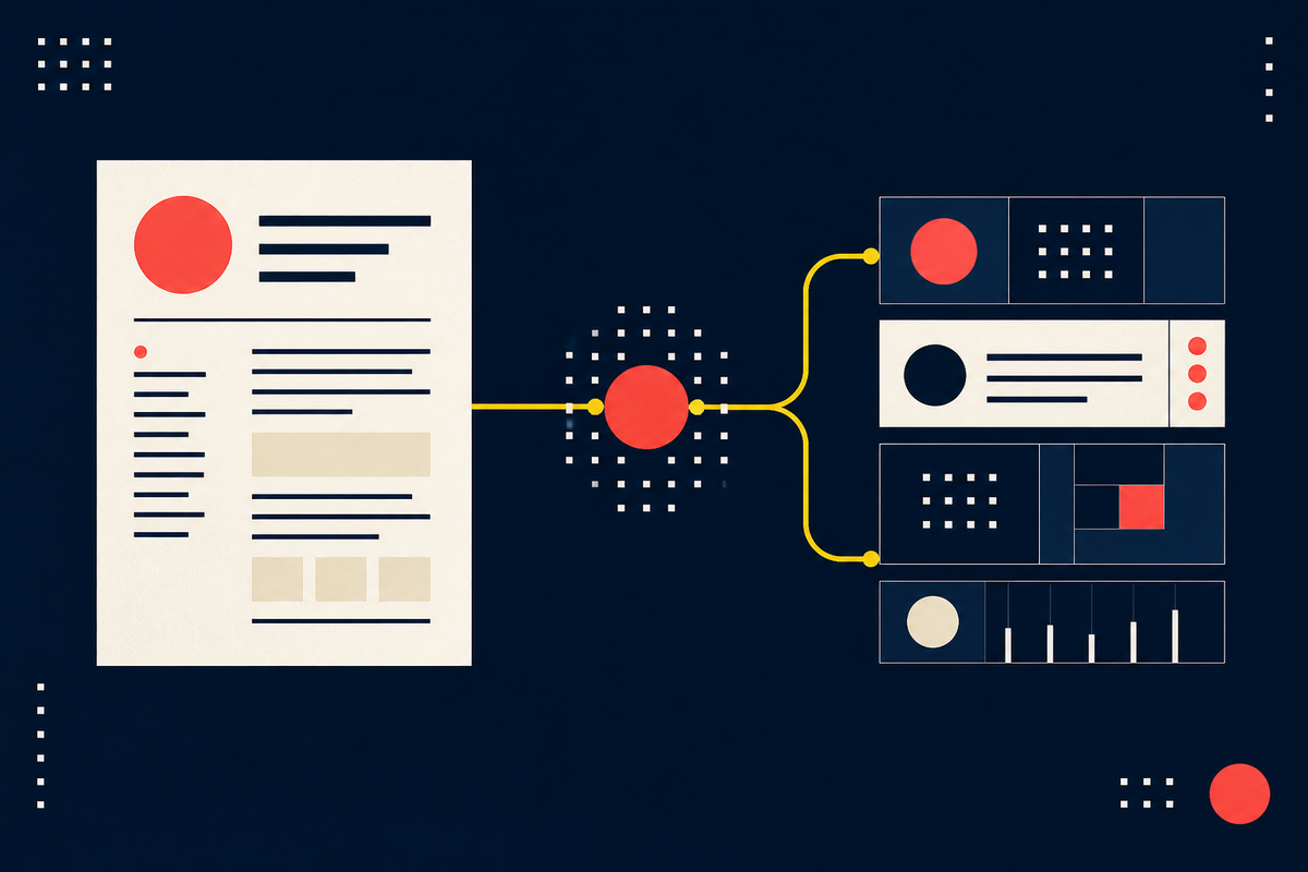 Abstract Swiss-style composition showing a paper knowledge destination connected to modular workflow panels