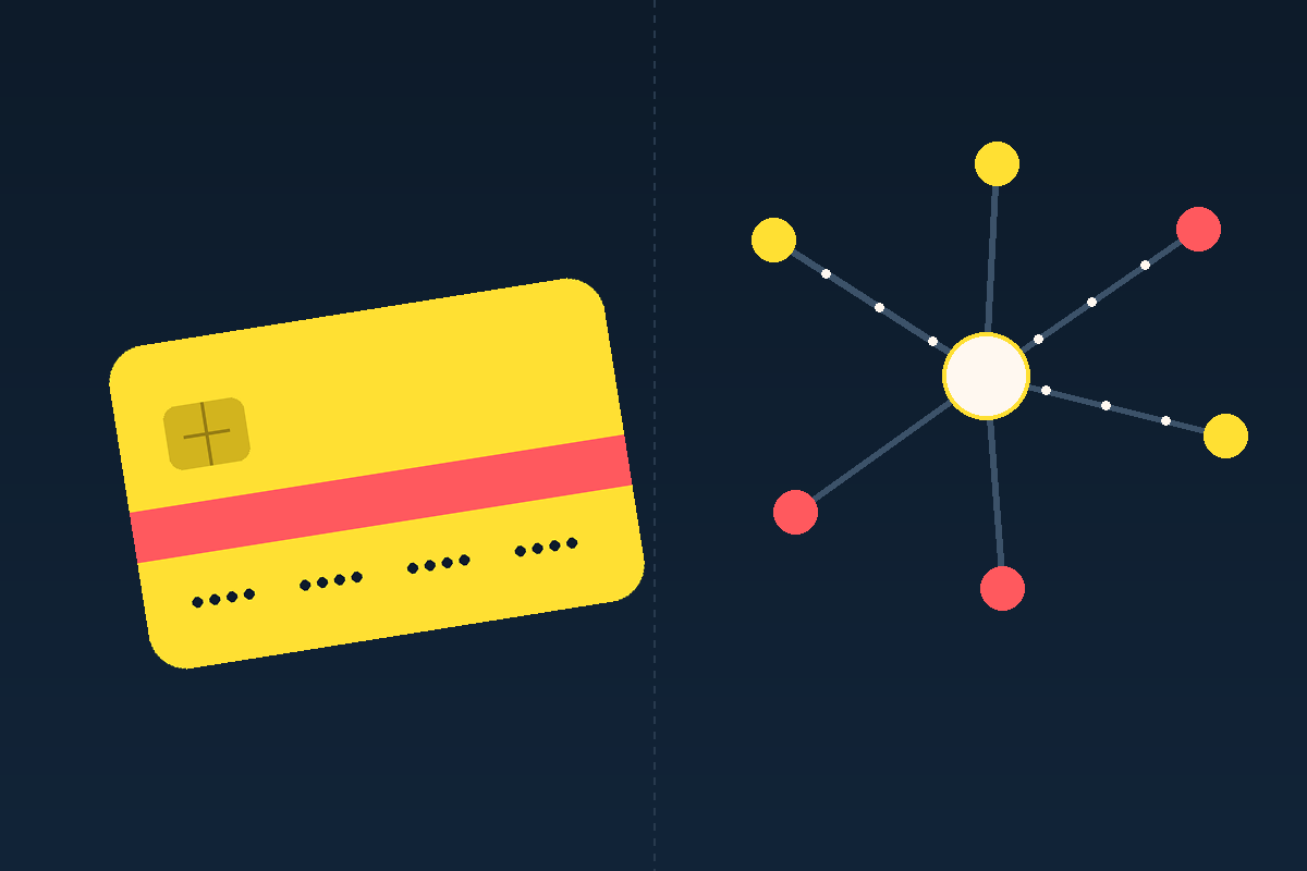 A branded card on the left, a network of money-movement rails on the right - the two primitives of embedded finance.
