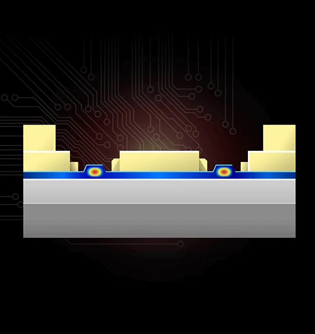 Cross-section of a HyperLight thin-film lithium niobate optical waveguide and electrodes