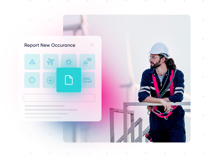 Ideagen EHS product view showing a field worker in safety gear beside the platform's Report New Occurrence screen