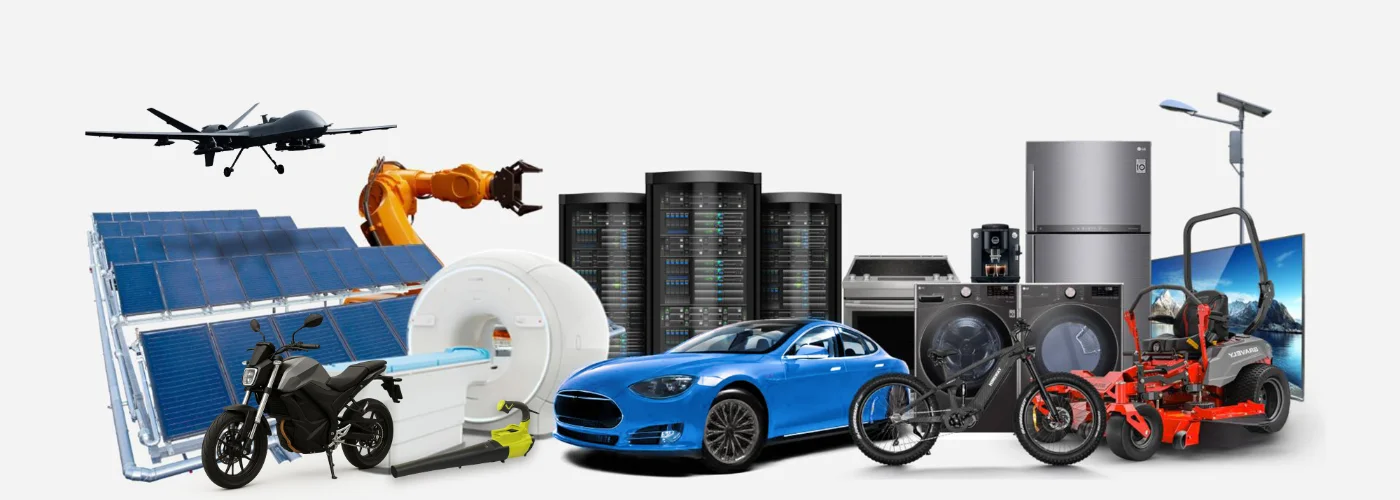 Illustration of SuperQ power device application areas including data centers, EVs, solar and motor drives