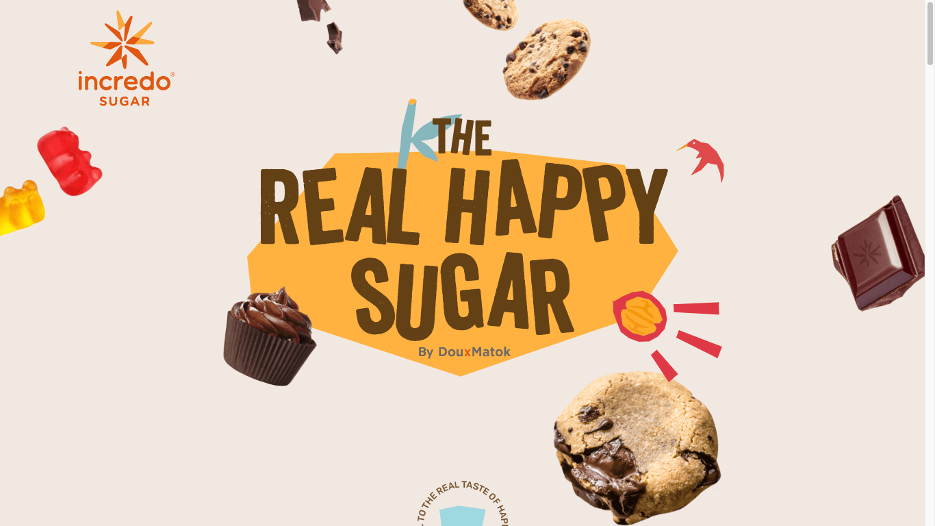 Incredo Sugar brand image - 'The Real Happy Sugar' by DouxMatok, surrounded by cookies, chocolate and gummies