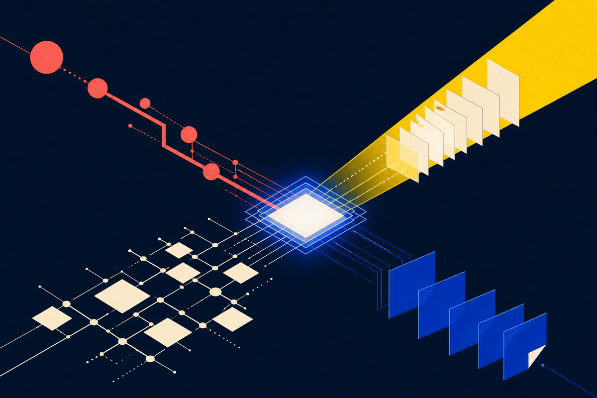 Abstract geometric information streams converging on a central knowledge core
