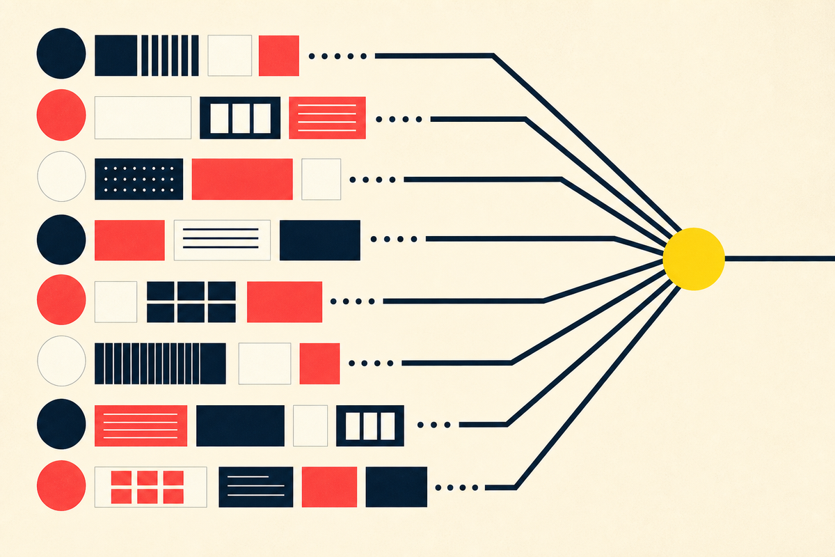 Eight abstract knowledge systems converging on one yellow answer point