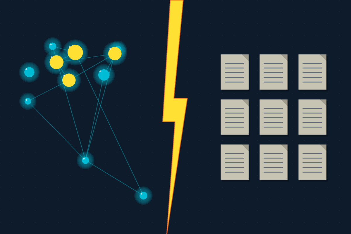 Illustration: a glowing network of knowledge nodes on the left, a rigid stack of static documents on the right, split by a yellow lightning bolt.