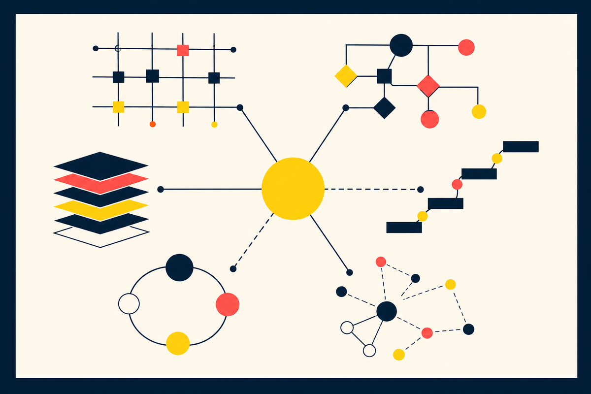 Abstract Swiss-style geometry showing six knowledge systems connected to a shared center