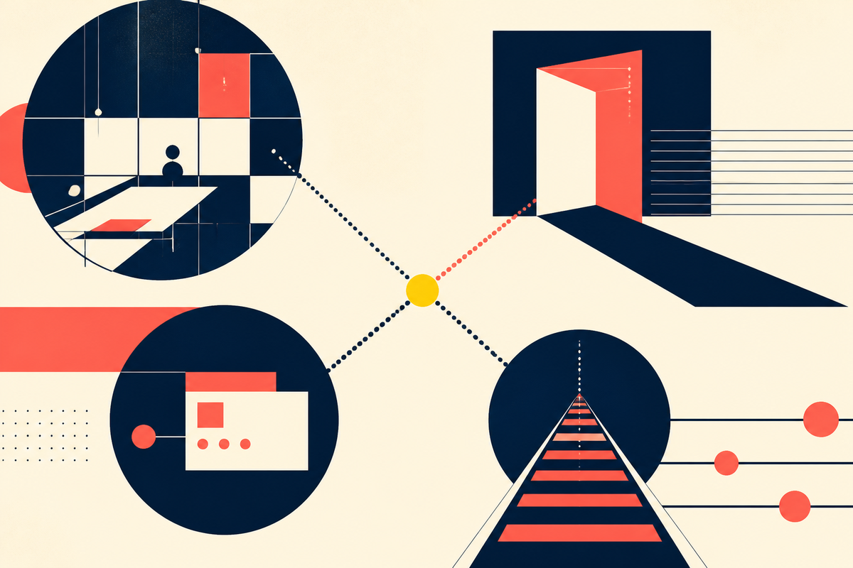 Abstract Swiss-style geometry showing four systems converging on one yellow point