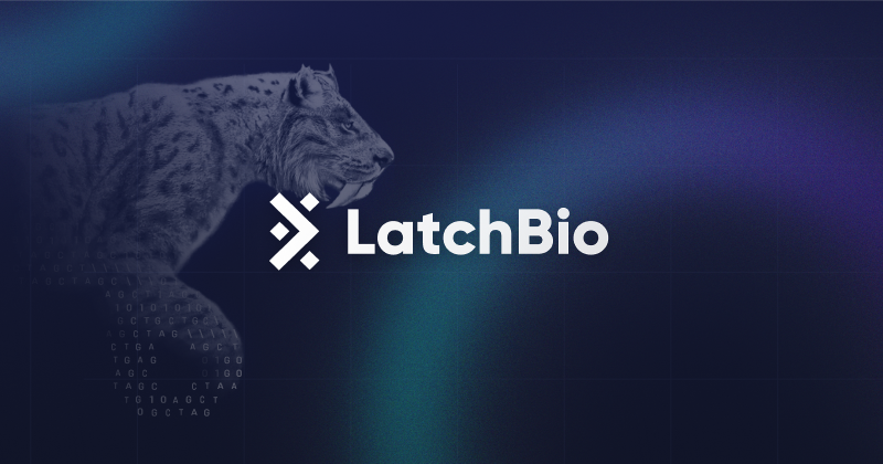 LatchBio logo over a snow leopard on a dark navy background