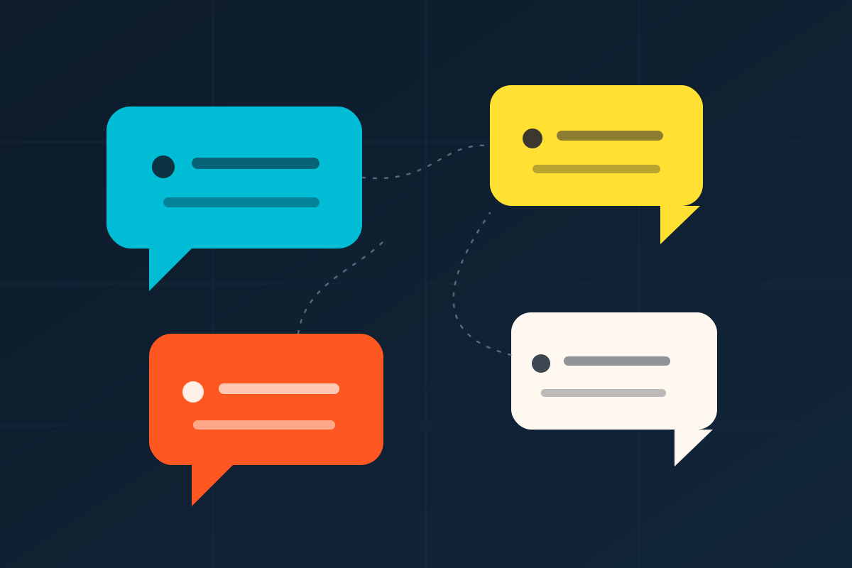 Four distinct chat bubbles in teal, yellow, orange and cream, connected by dotted lines that never quite meet - an illustration of a fragmented live-chat market.