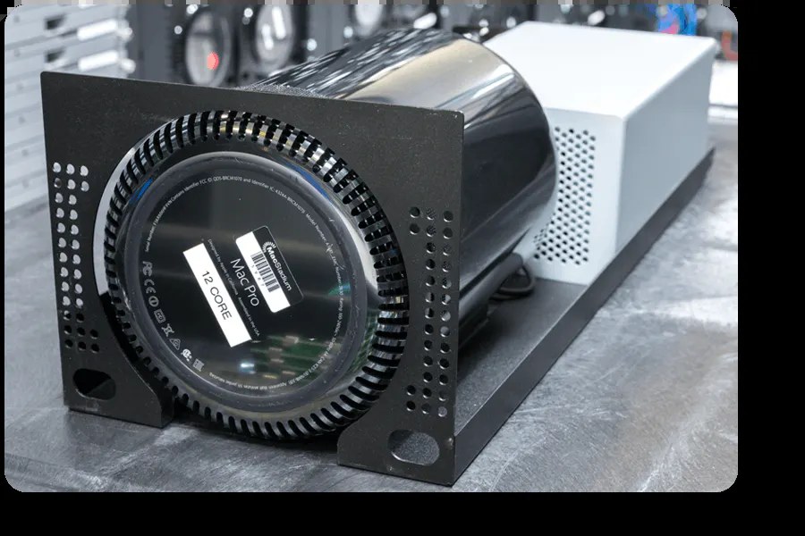 A Mac Pro mounted on a custom sled in a MacStadium rack