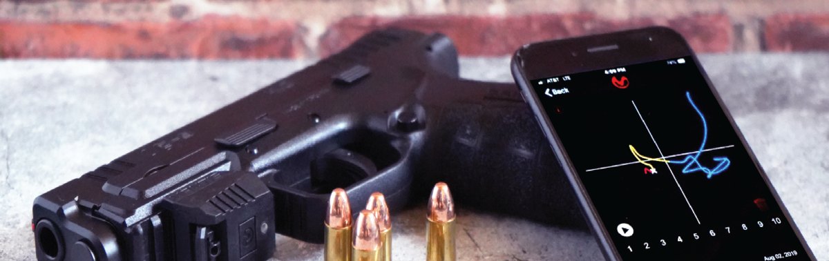 A MantisX sensor mounted under a pistol next to a phone showing a shot-score screen reading 92.0