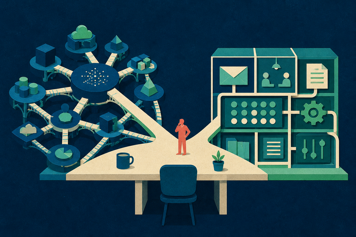 Editorial illustration of a person choosing between an open network of CRM tools and an integrated office system