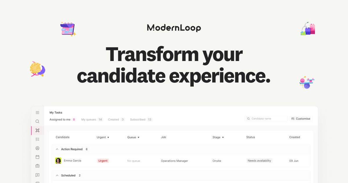 ModernLoop brand image with the tagline Transform your candidate experience above a product dashboard