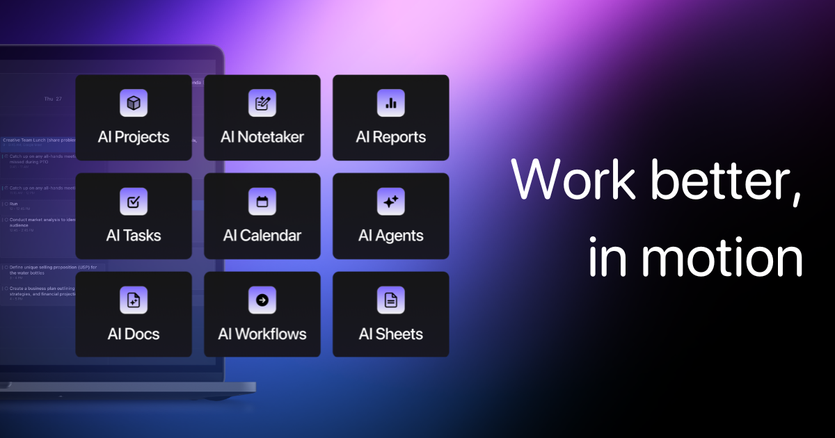 Motion product graphic showing AI Projects, AI Tasks, AI Calendar, AI Agents and more modules beside the tagline Work better, in motion