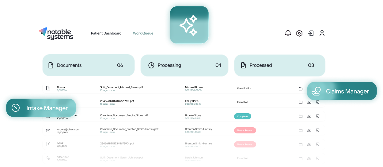 Notable Systems product interface showing intelligent document processing for healthcare revenue cycle automation