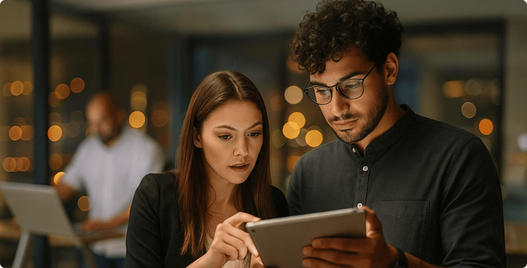 Two colleagues reviewing travel data on a tablet in an office at night