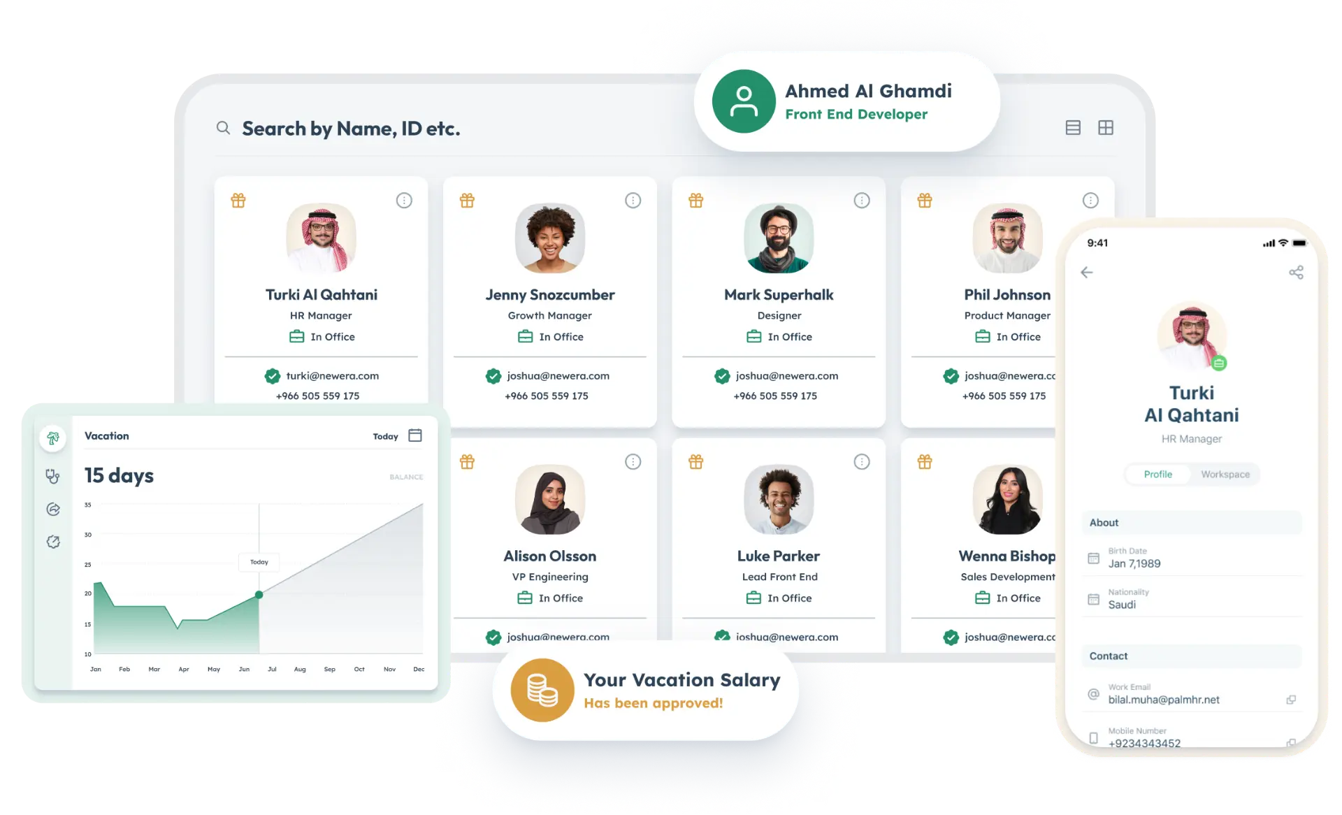 palm.hr platform dashboard showing employee directory, vacation tracking and mobile app