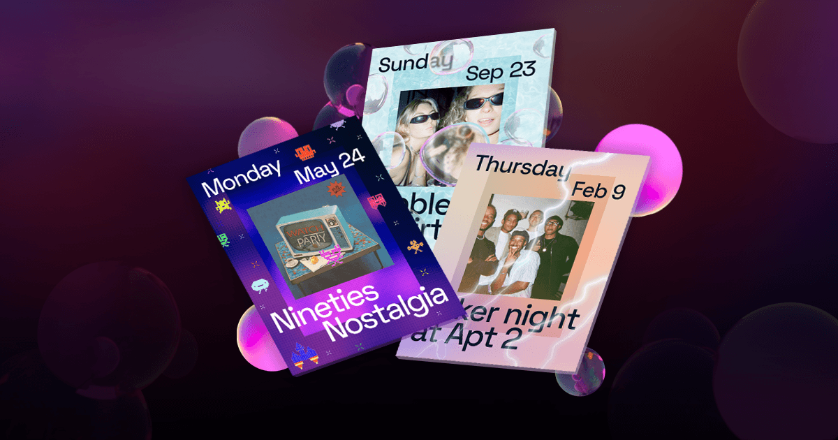 Partiful event invite cards on the company's signature dark gradient background