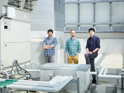 Pascal founders Adam Slavney, Jinyoung Seo and Jarad Mason in front of HVAC equipment